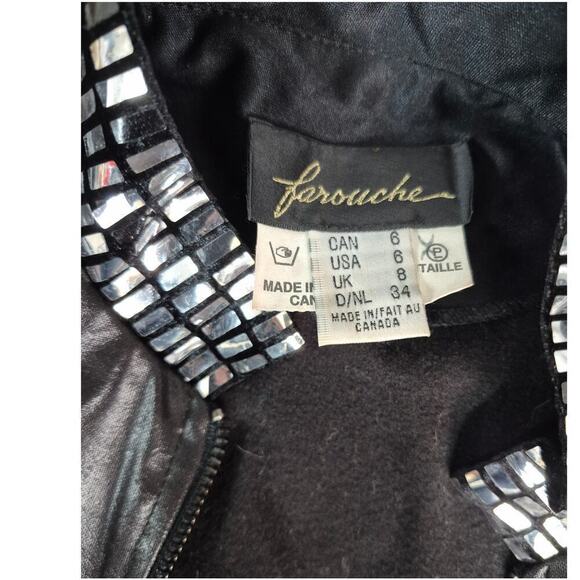 80s Vtg Farouche Jacket Black Silver Mirror Trim Zip Up Wet Look Polyester Sz 6 - Picture 4 of 5